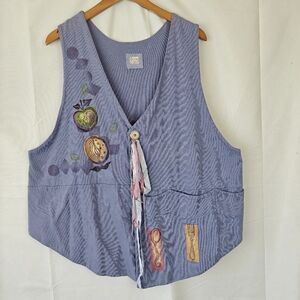 VTG Rare Blue Fish Gardening Fruits Spoon Fork V Neck Button Periwinkle Vest 1
